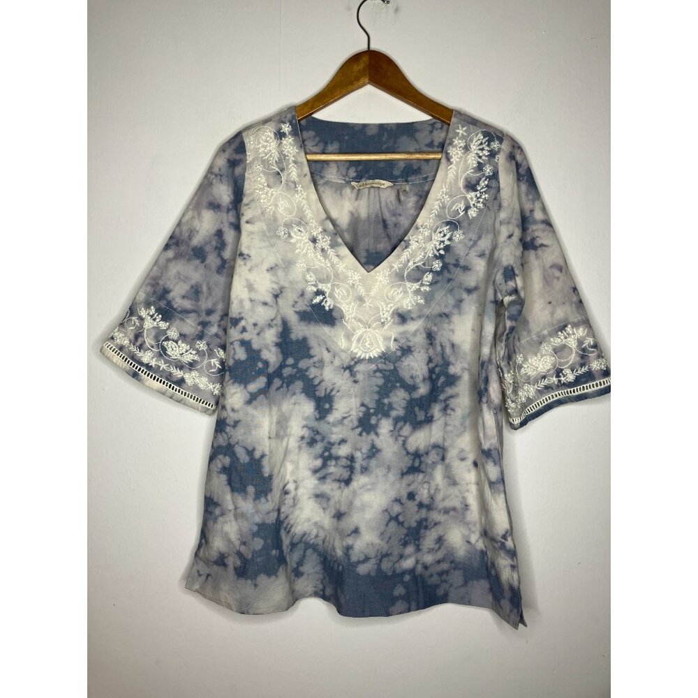 Soft Surroundings Lilac Blue Embroidered Tie Dye Boho Tunic Top Women's Medium